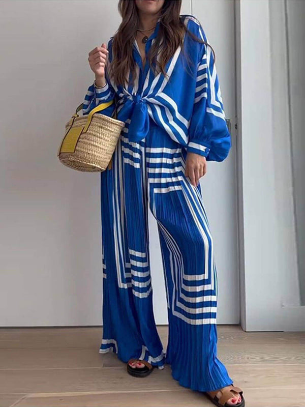 Striped Printed Shirt Pleated Straight Wide-Leg Pants Suit