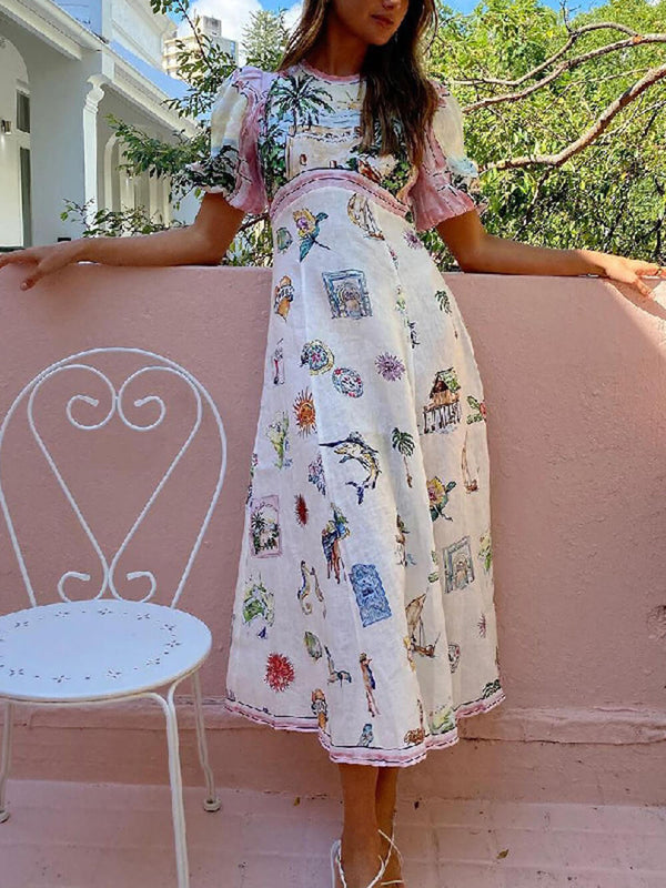 Vestido midi con cuello redondo y estilo étnico estampado