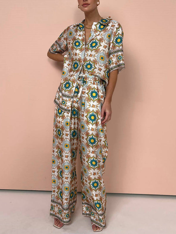 Fashionable Casual Ethnic Print Top And Wide-Leg Pants Two-Piece Suit