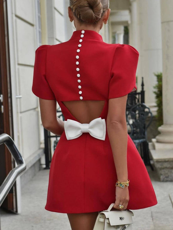 Elegant Sweet Moment Slit Short Sleeve Backless Bow Mini Dress