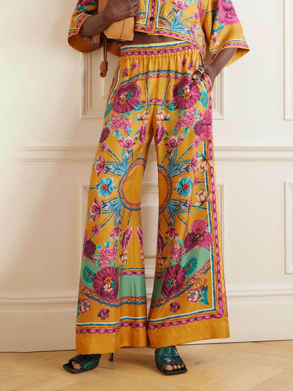 Sunset Cropped Unique Floral Printed Loose Wide-Leg Pants