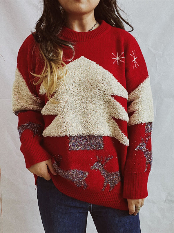 Christmas Tree Jacquard Knit Round Neck Loose Sweater