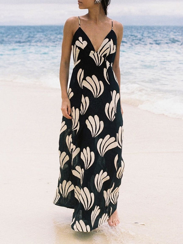 Seaside Loose Sunset Palm Leaf Print Suspender Maxi Dress