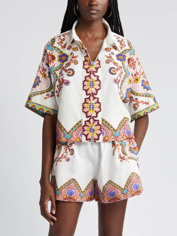 Short Sleeve Ethnic Floral Print Shirt And Shorts Suit