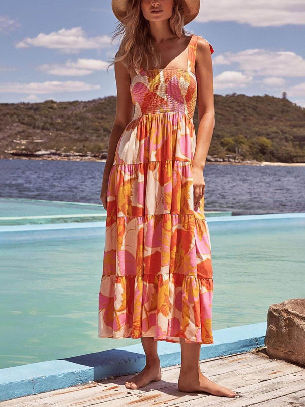 Vestido camisola con estampado de pecho elástico plisado sin mangas Sea Charm