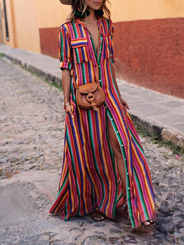 Camisa a rayas casual con falda maxi estampada