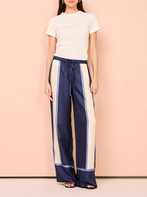 Patchwork Unique Striped Printed Elastic Waist Pocket Wide Leg Pants