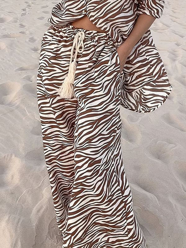 Open Collar Button Loose Zebra Print Drawstring Wide Leg Pants