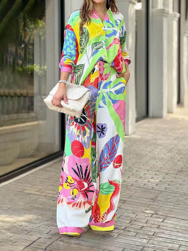 Loose Ethnic Printed Shirt High Waist Wide Leg Pants Suit