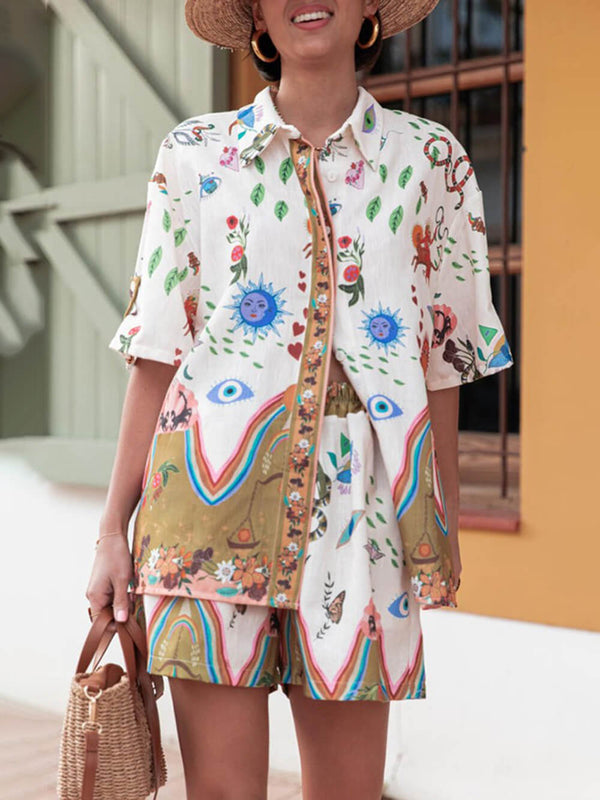 Button Loose Unique Print Shirt Aad Elastic Waist Pocket Shorts Set