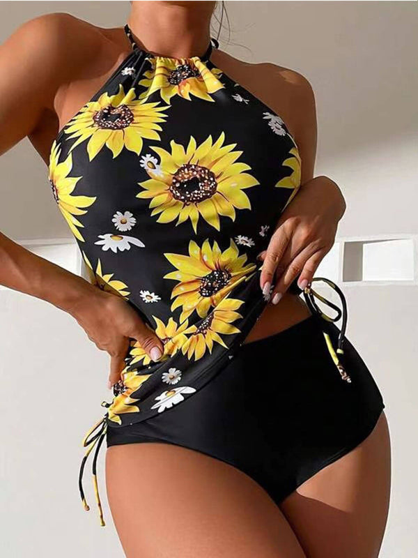 Conjunto de tankini con cordón y cuello halter con estampado de girasol