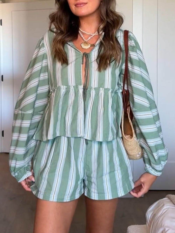 Patchwork Striped Loose Printed Shirt And Shorts Set