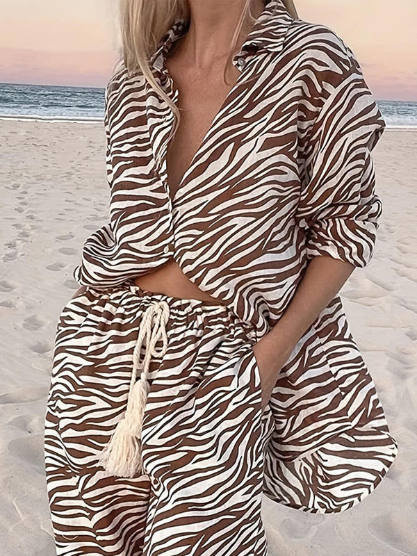 Open Collar Button Loose Zebra Print Shirt