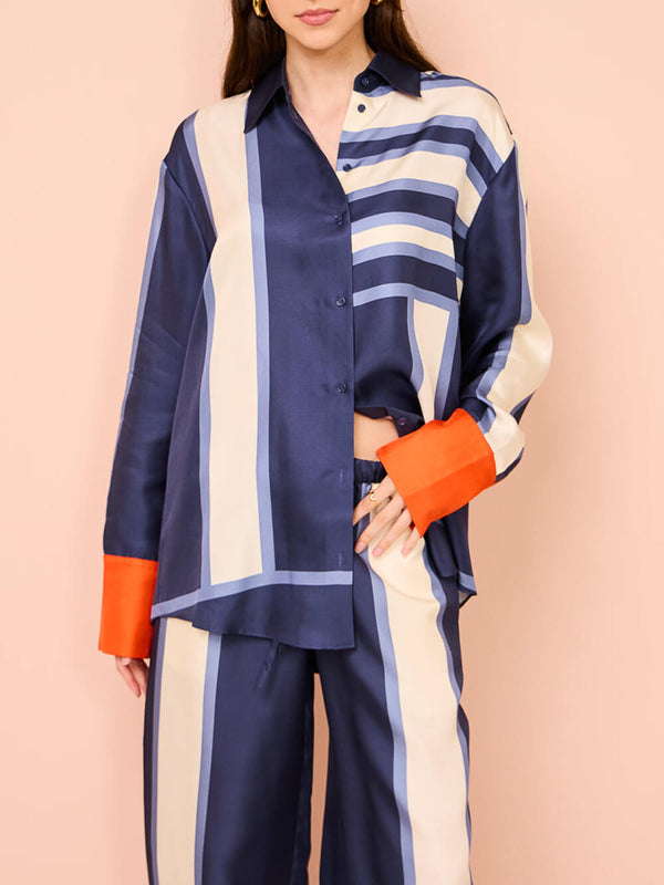 Unique Striped Exquisite Print Patchwork Kutton Oversized Blouse