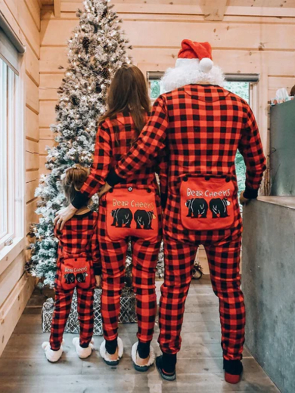 Cute Bear Pattern Plaid Onesies Christmas Family Matching Pajamas Set