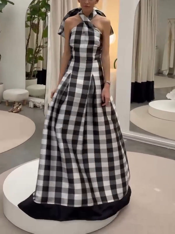 Classic Plaid Print Halter Neck Maxi Dress