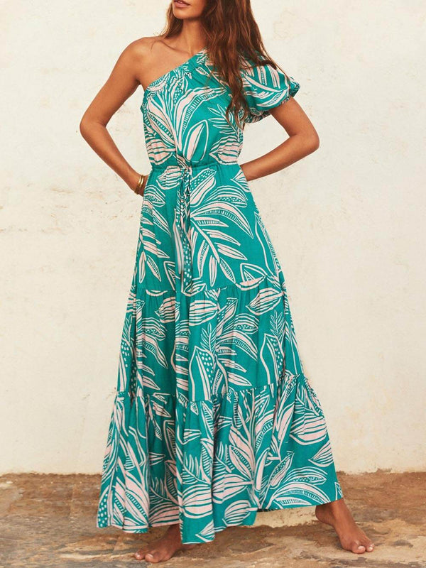 Schulterfreies Blumenkleid im Urlaubsstil mit Palmblatt-Print