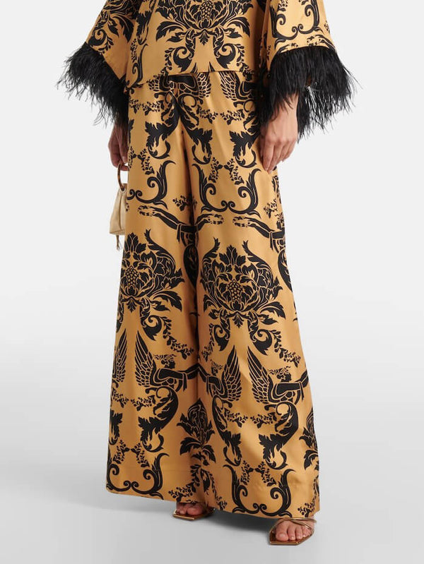 Ethnic Satin Print Pocket Wide-leg Pants