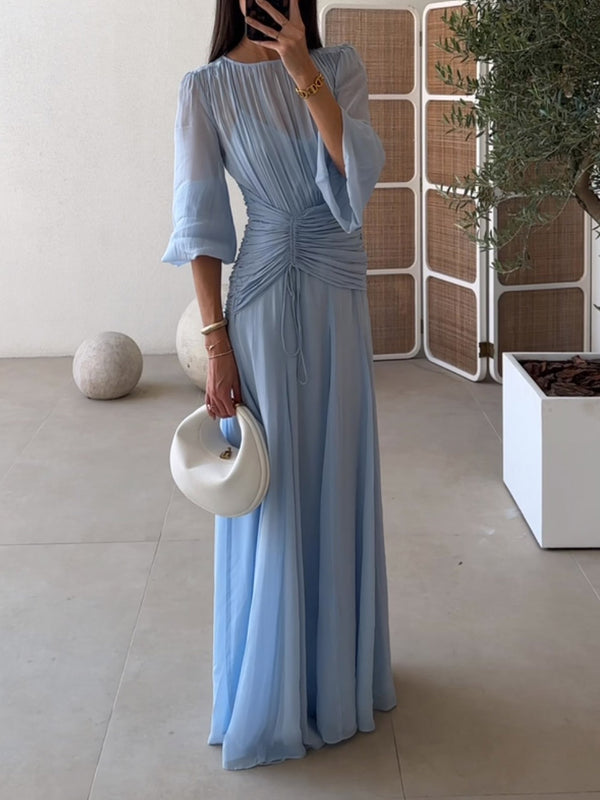 Elegant High Neck Balloon Sleeve Maxi Dress