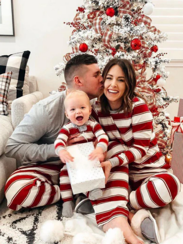 Red and White Striped Round Collar Matching Pajamas Set