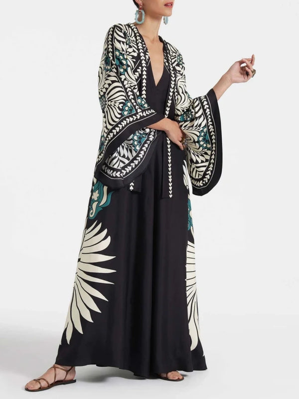 Elegance Floral Print Waterfall Sleeves Maxi Dress