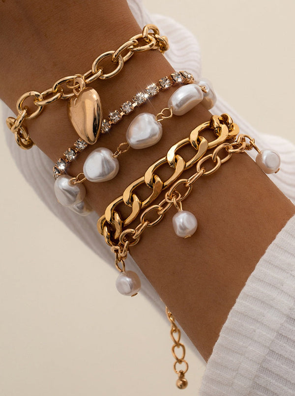 Metal Chain and Pearl Layered Bracelet Set