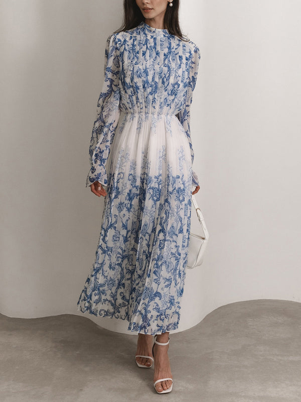 Plant Pattern Printed Pleated Long Dress