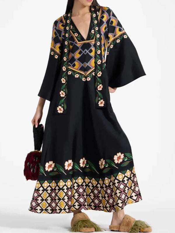 Elegant Flower Bud Print Style V-neck Loose Dress