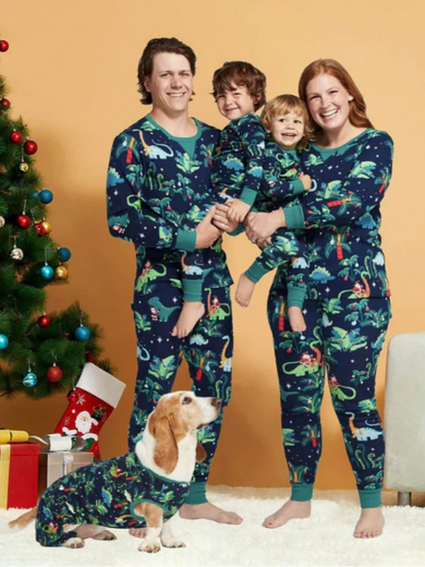 Christmas Dinosaur Patterned Family Matching Pajamas Sets (with Pet Dog Clothes)