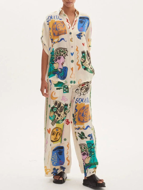 Graffiti Printing Casual Loose Satin Suit