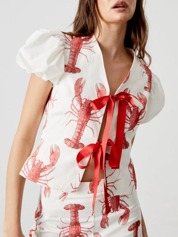 Short Puffed Sleeves Lobster Print Blouse