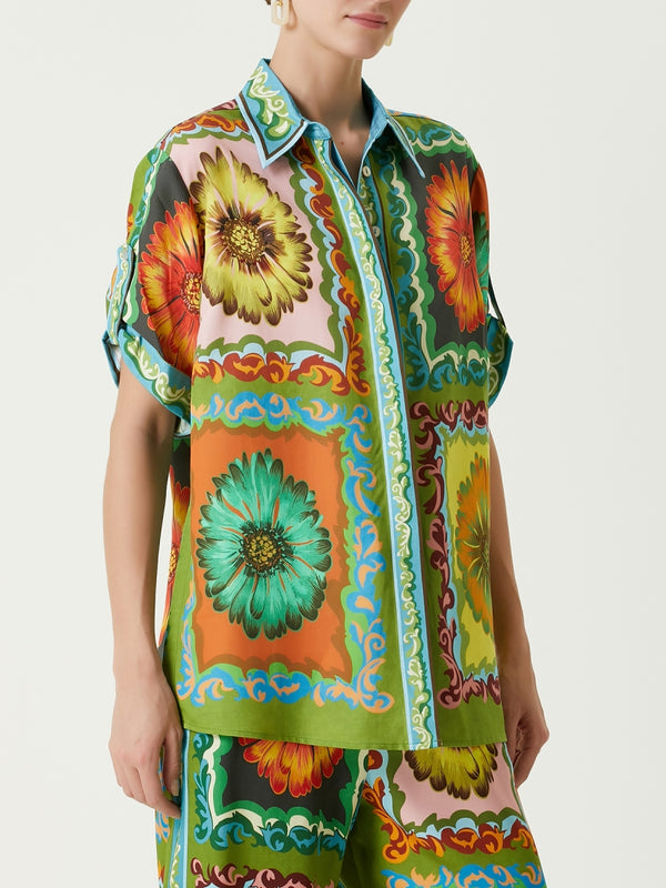 Sunflower Print Button-Down Oversized Shirt