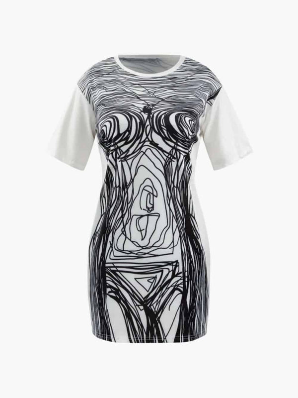 Abstract Line Print Short Sleeve Mini Dress