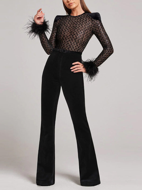 Elegant Lace Sequined Feather Trim Flared Jumpsuit