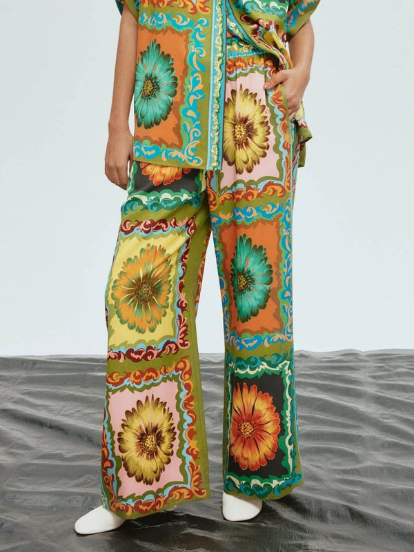 Sunflower Print Wide Leg Pants