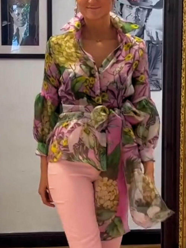 Elegant And Mature Floral Print Long-Sleeved Shirt