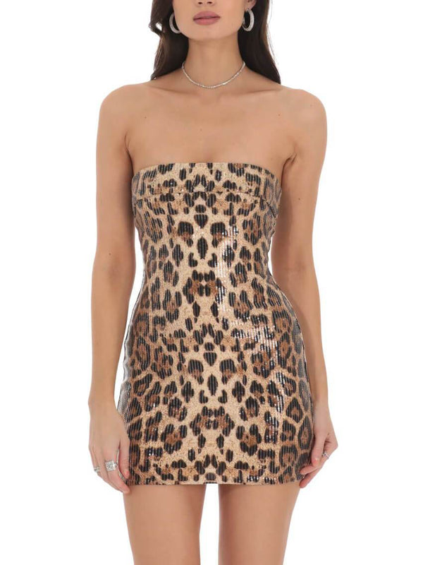 Strapless Sequined Leopard Print Mini Dress