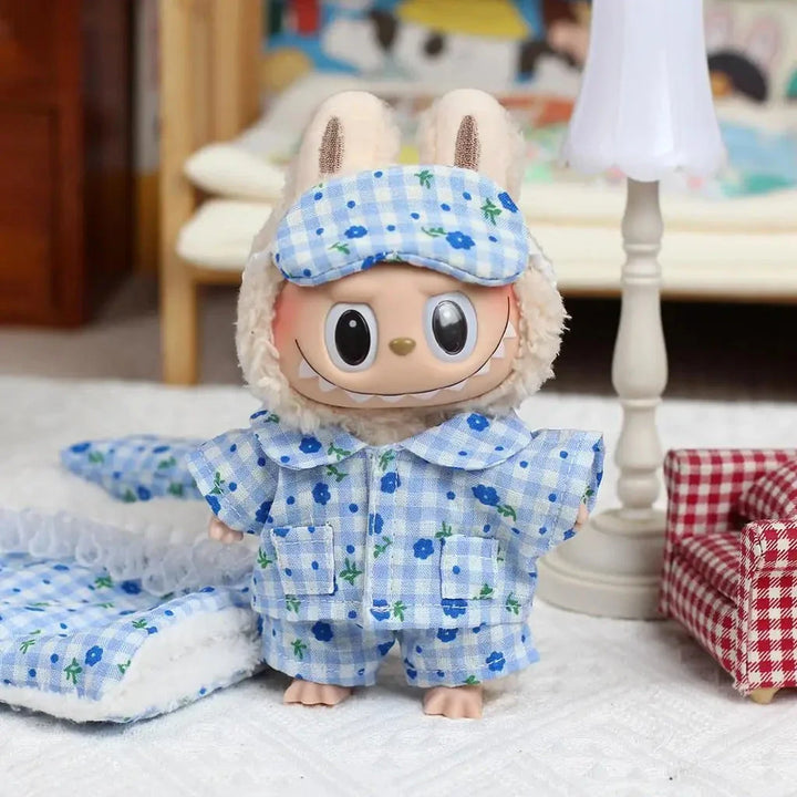 kawaiies-softtoys-plushies-kawaii-plush-Handmade Labubu Plaid Floral Pajamas Outfit with Accessories Accessories 