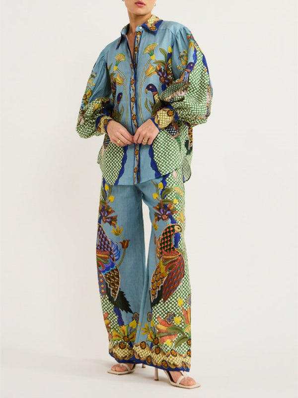 Puff Sleeve Unique Printed Holiday Casual Lanyard Suit