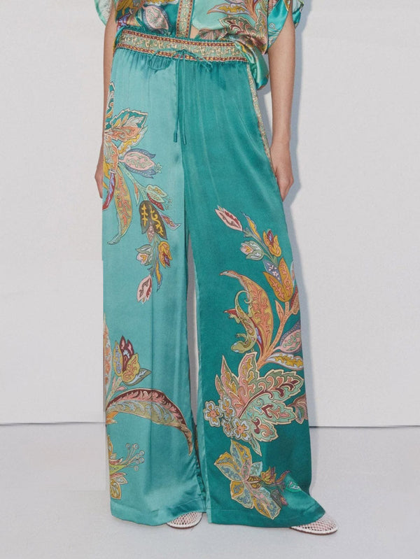 Exquisite Satin Unique Plant Flower Print Loose Wide-Leg Pants